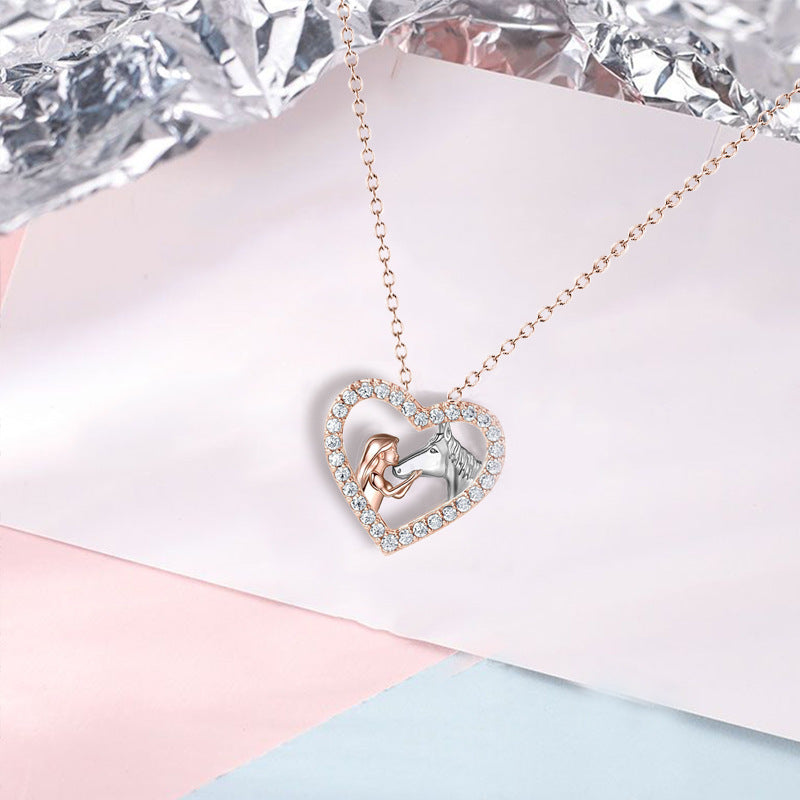 Fashion Heart-shaped Full Diamond Girl And Horse Necklace