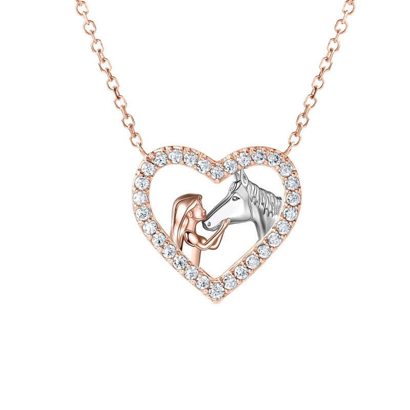 Fashion Heart-shaped Full Diamond Girl And Horse Necklace