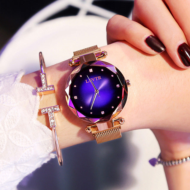 Rose Gold Women Watches Fashion Diamond Ladies Starry Sky Magnet Watch waterproof