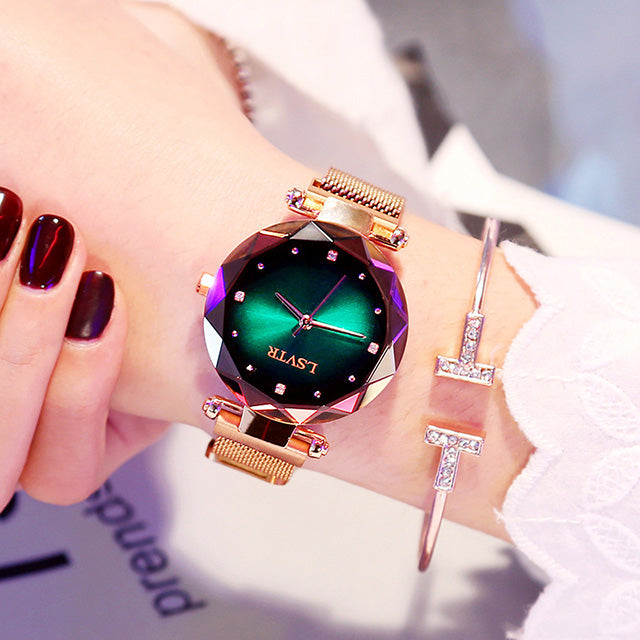 Rose Gold Women Watches Fashion Diamond Ladies Starry Sky Magnet Watch waterproof