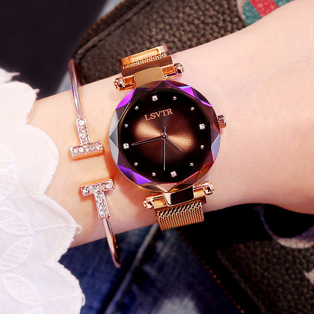 Rose Gold Women Watches Fashion Diamond Ladies Starry Sky Magnet Watch waterproof