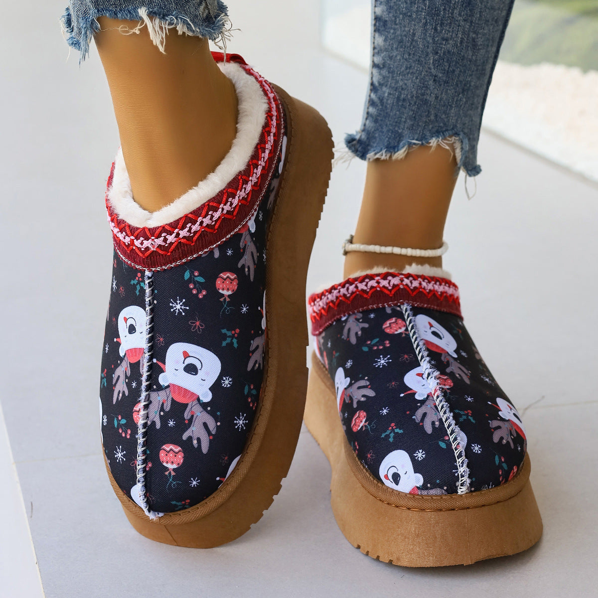 Women's Cartoon Christmas Print Ankle winter short Boots.