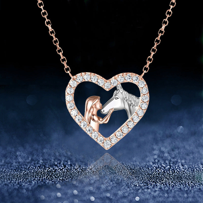 Fashion Heart-shaped Full Diamond Girl And Horse Necklace