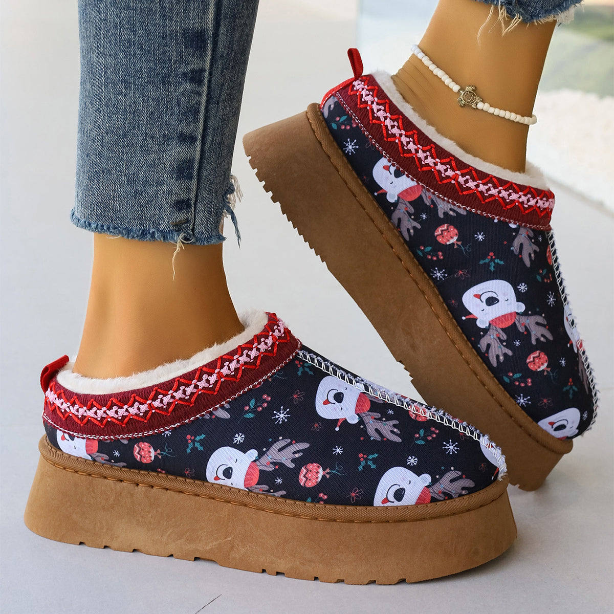 Women's Cartoon Christmas Print Ankle winter short Boots.