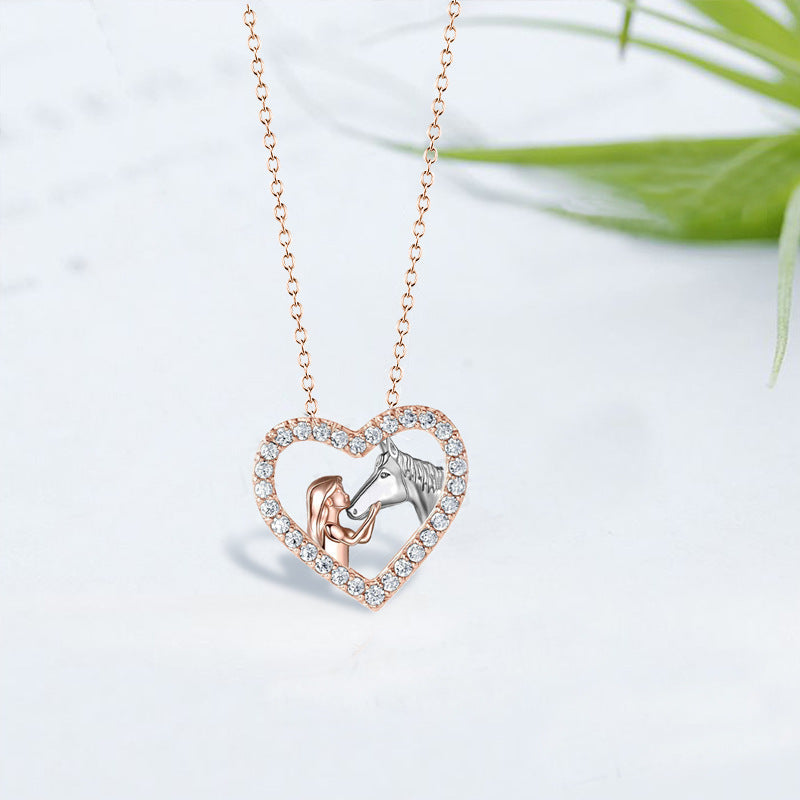 Fashion Heart-shaped Full Diamond Girl And Horse Necklace